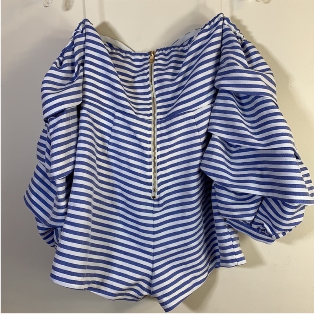 NEW! Kaylee Kollection Off Shoulder Balloon Sleeve Stripe Romper. Small. - Picture 11 of 12